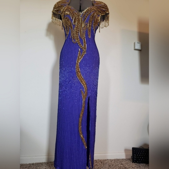 Vintage Indigo and gold beaded applique gown - Picture 6 of 9